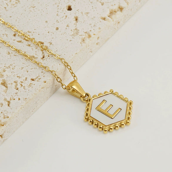 Stainless Steel Hexagonal Letter Pendant Necklace Electroplating Geometry Style For Women