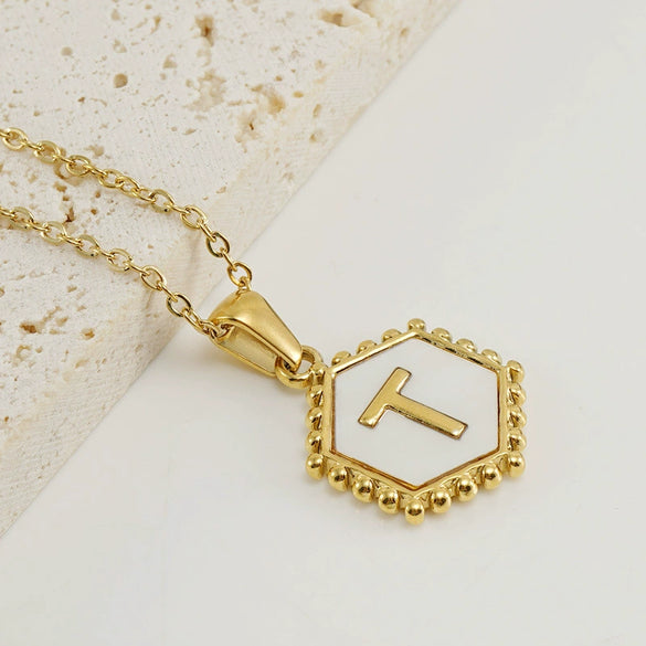 Stainless Steel Hexagonal Letter Pendant Necklace Electroplating Geometry Style For Women