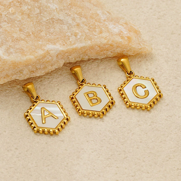 Stainless Steel Hexagonal Letter Pendant Necklace Electroplating Geometry Style For Women