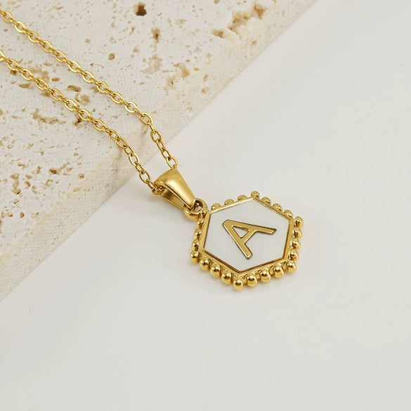 Stainless Steel Hexagonal Letter Pendant Necklace Electroplating Geometry Style For Women