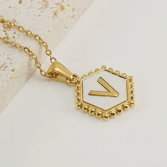 Stainless Steel Hexagonal Letter Pendant Necklace Electroplating Geometry Style For Women