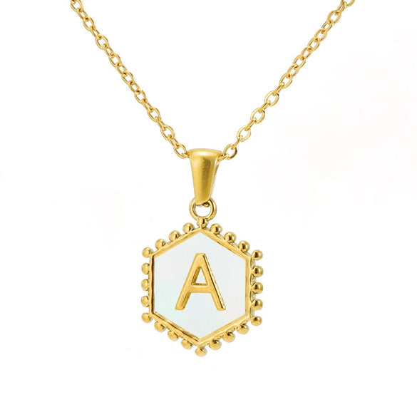 Stainless Steel Hexagonal Letter Pendant Necklace Electroplating Geometry Style For Women