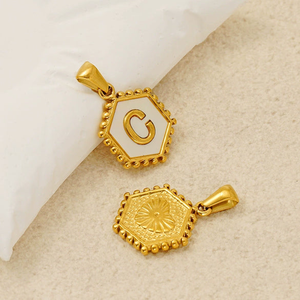 Stainless Steel Hexagonal Letter Pendant Necklace Electroplating Geometry Style For Women