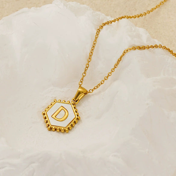 Stainless Steel Hexagonal Letter Pendant Necklace Electroplating Geometry Style For Women