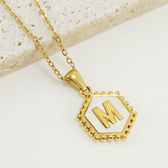 Stainless Steel Hexagonal Letter Pendant Necklace Electroplating Geometry Style For Women