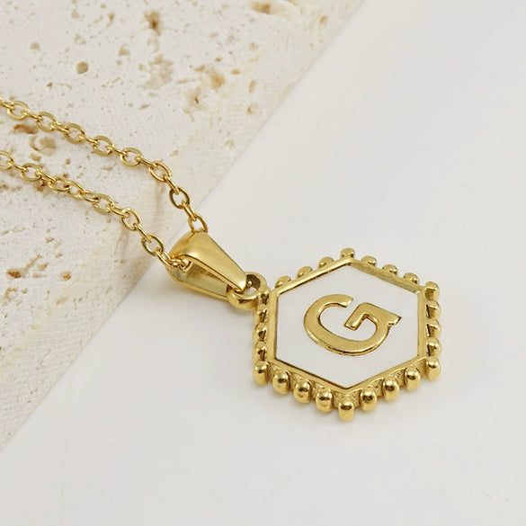 Stainless Steel Hexagonal Letter Pendant Necklace Electroplating Geometry Style For Women