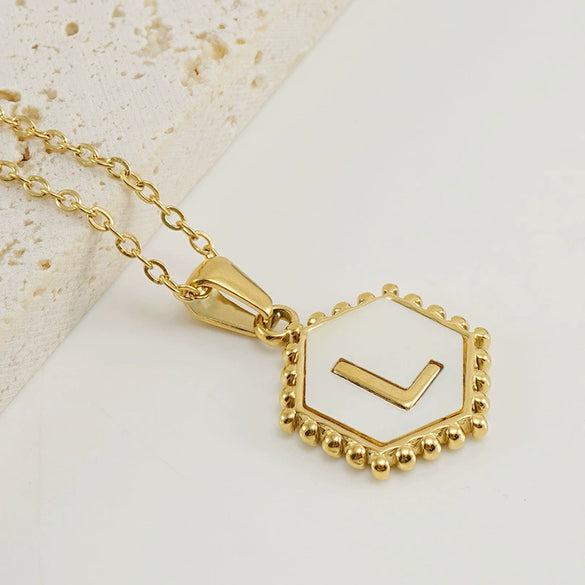 Stainless Steel Hexagonal Letter Pendant Necklace Electroplating Geometry Style For Women