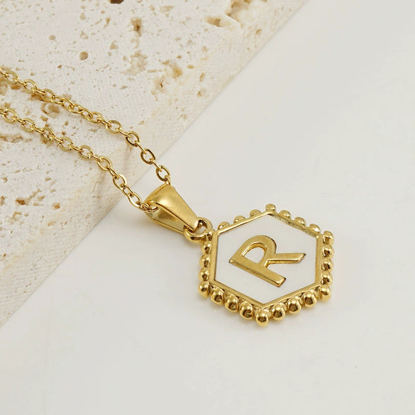 Stainless Steel Hexagonal Letter Pendant Necklace Electroplating Geometry Style For Women