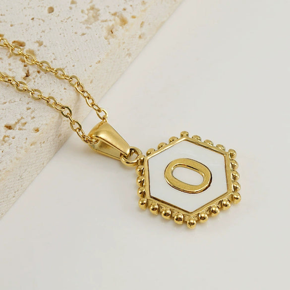 Stainless Steel Hexagonal Letter Pendant Necklace Electroplating Geometry Style For Women