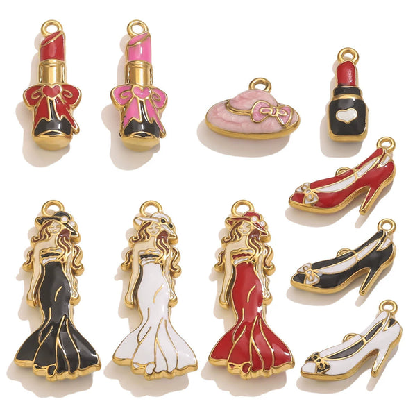 Stainless Steel High Heels Lipstick Oil Drop Charm Necklace Earring Accessories