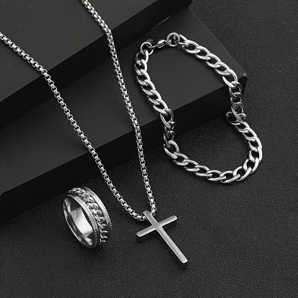 Stainless Steel Hiphop Trendy Cross Threepiece Jewelry Set