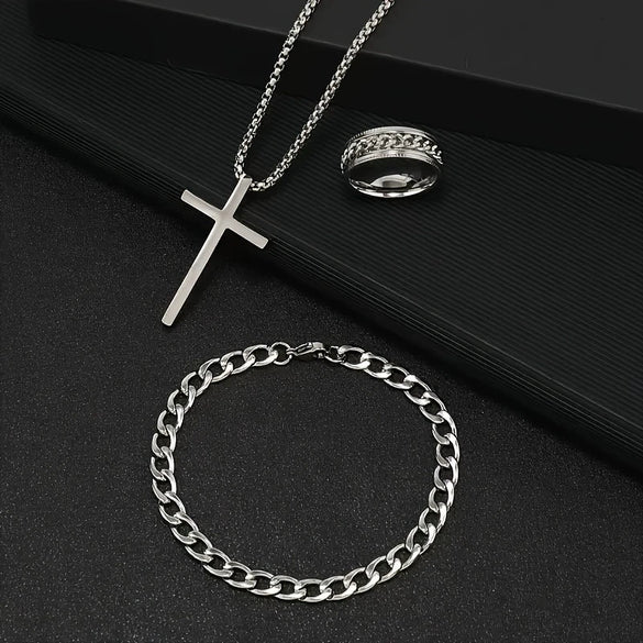 Stainless Steel Hiphop Trendy Cross Threepiece Jewelry Set