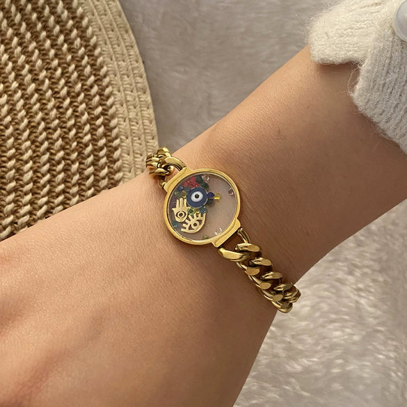 Stainless Steel Hollow Disc Dripping Oil Eye Palm Personality Women's Jewelry Bracelet With Electroplating