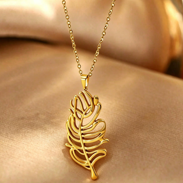 Stainless Steel Hollow Feather Pendant Necklace And Earrings Set Electroplated Light Luxury Clavicle Chain Jewelry For Women