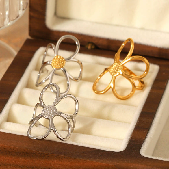 Stainless Steel Hollow Flower Geometric Color Block Open Ring For Women Electroplated Jewelry