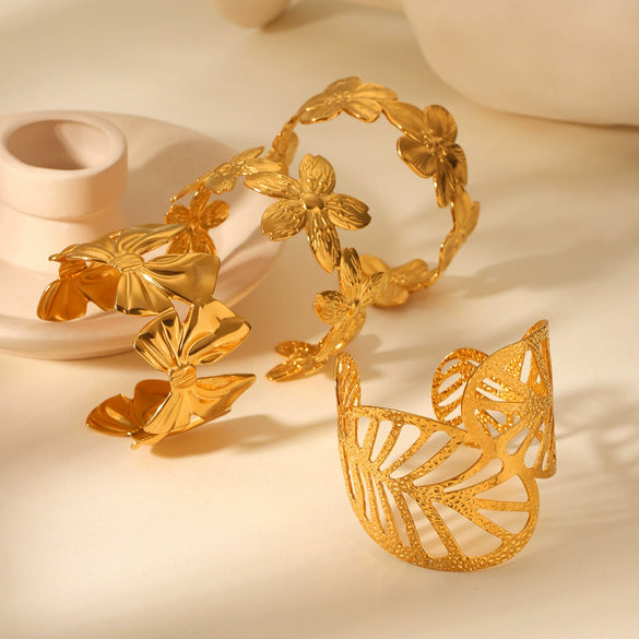Stainless Steel Hollow Leaves Flower Bow Opening Bracelet Electroplated