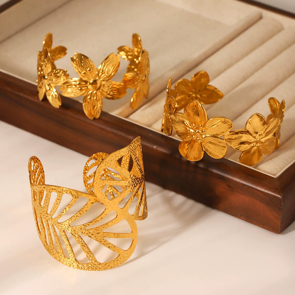 Stainless Steel Hollow Leaves Flower Bow Opening Bracelet Electroplated
