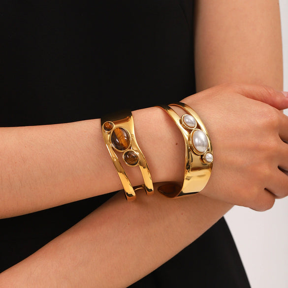 Stainless Steel Hollow Pearl Bracelet With Natural Tiger Eye Set With Pearls Retro Temperament