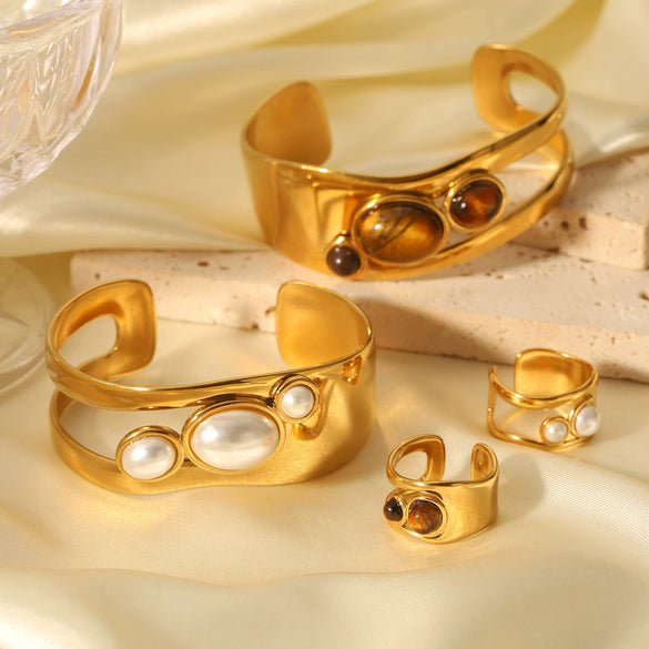 Stainless Steel Hollow Pearl Bracelet With Natural Tiger Eye Set With Pearls Retro Temperament