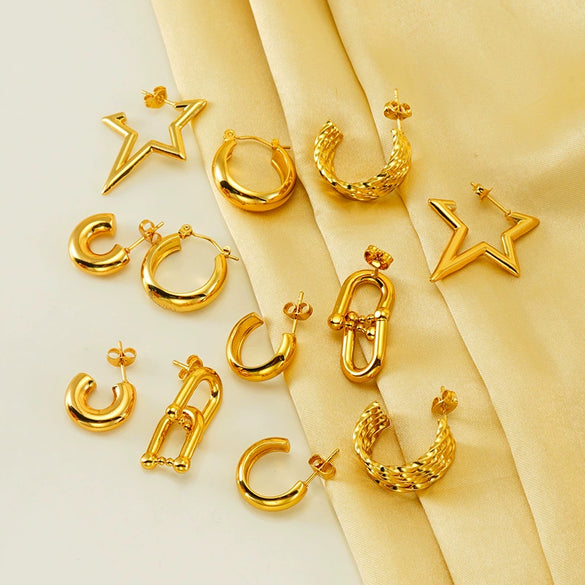 316L Stainless Steel Horseshoe Buckle C Shape Woven Irregular Women's Earrings With Geometric And Star Patterns And Electroplating Treatment