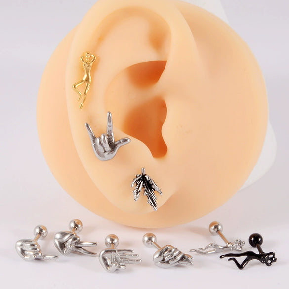 Stainless Steel Human Body Ball Leaf Earrings Electroplated