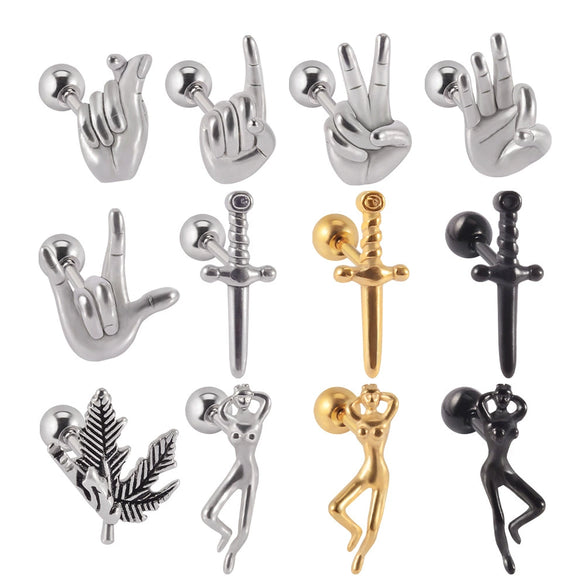 Stainless Steel Human Body Ball Leaf Earrings Electroplated