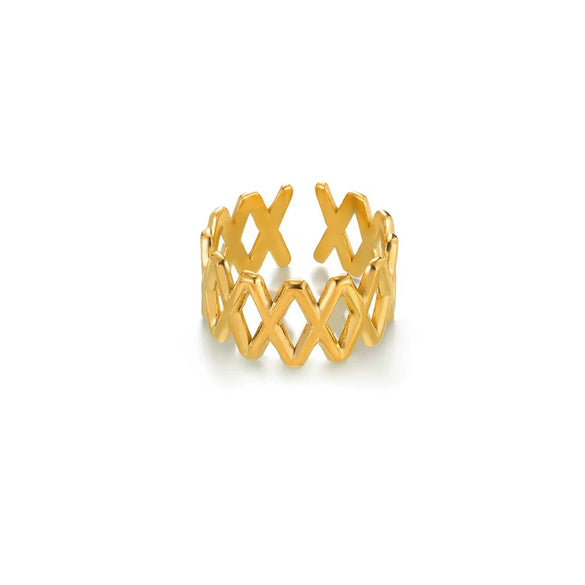 Stainless Steel Imitation Pearl Exaggerated Geometric Ring With Pleated Texture And Electroplating