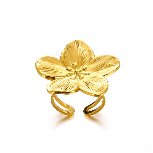 Stainless Steel Imitation Pearl Exaggerated Geometric Ring With Pleated Texture And Electroplating