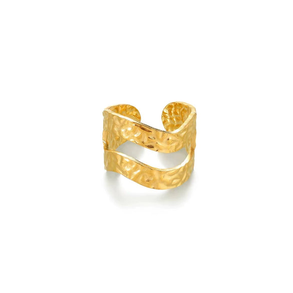 Stainless Steel Imitation Pearl Exaggerated Geometric Ring With Pleated Texture And Electroplating