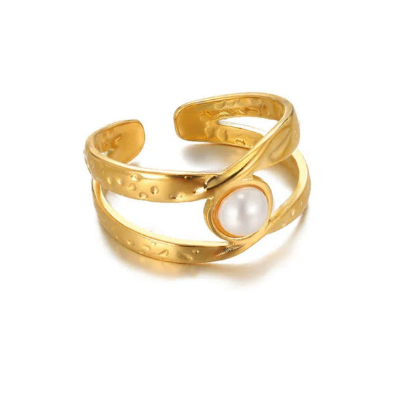 Stainless Steel Imitation Pearl Exaggerated Geometric Ring With Pleated Texture And Electroplating