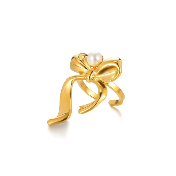 Stainless Steel Imitation Pearl Exaggerated Geometric Ring With Pleated Texture And Electroplating
