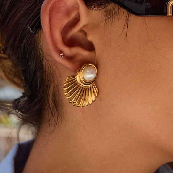 Stainless Steel Imitation Pearl Geometric Earrings Electroplated For Women Light Luxury Niche Design