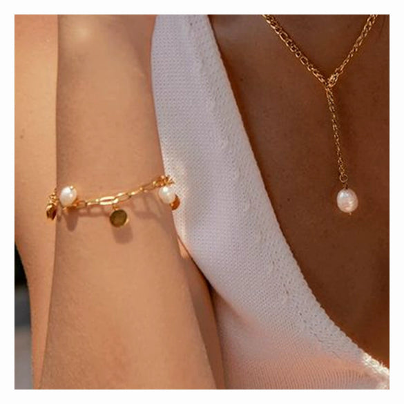 Stainless Steel Imitation Pearl Pendant Bracelet Electroplated Jewelry For Women
