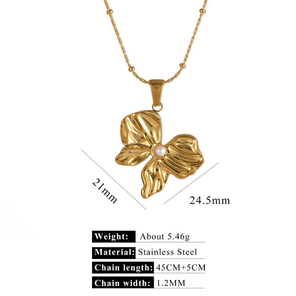 Stainless Steel Imitation Pearl Pendant Necklace With Bow Tie And Heart Shape Inlaid With Zircon Five Pointed Star And Love Chain Unisex