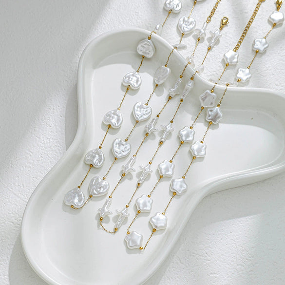 Stainless Steel Imitation Pearl Shell Love Flower Irregular Cross Chain Bracelet Necklace Set With Geometric Pattern And Electroplating Design