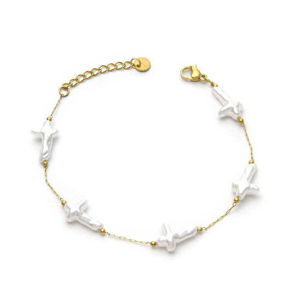 Stainless Steel Imitation Pearl Shell Love Flower Irregular Cross Chain Bracelet Necklace Set With Geometric Pattern And Electroplating Design