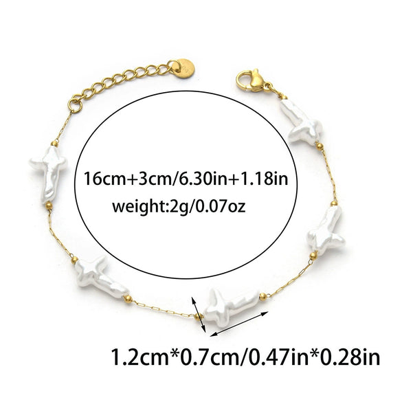 Stainless Steel Imitation Pearl Shell Love Flower Irregular Cross Chain Bracelet Necklace Set With Geometric Pattern And Electroplating Design