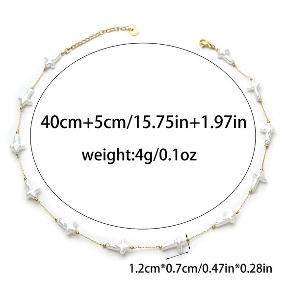 Stainless Steel Imitation Pearl Shell Love Flower Irregular Cross Chain Bracelet Necklace Set With Geometric Pattern And Electroplating Design