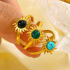 Stainless Steel Inlaid Obsidian Malachite Turquoise Sunflower Geometric Hiphop Ring For Women With Electroplating
