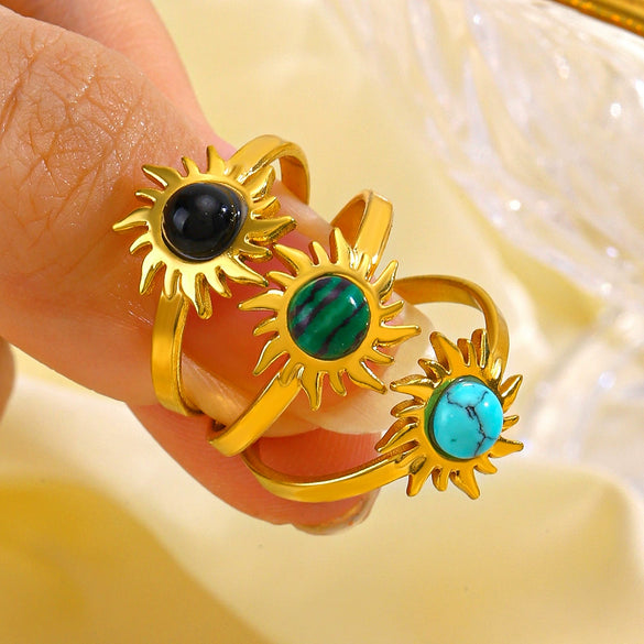 Stainless Steel Inlaid Obsidian Malachite Turquoise Sunflower Geometric Hiphop Ring For Women With Electroplating