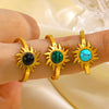 Stainless Steel Inlaid Obsidian Malachite Turquoise Sunflower Geometric Hiphop Ring For Women With Electroplating