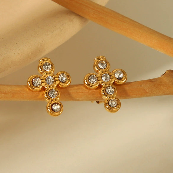 Stainless Steel Inlaid Pearl Geometric Cross Women's Earrings