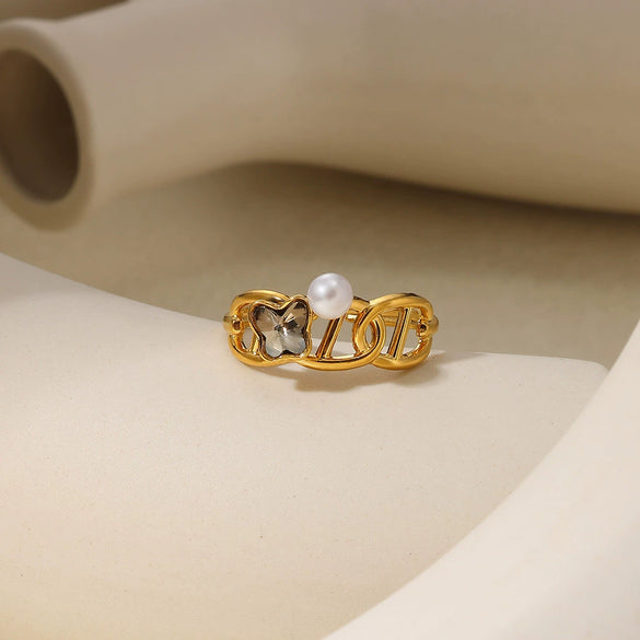 Stainless Steel Inlaid Pearl Zircon Fritillaria Ring Electroplated Women's Jewelry