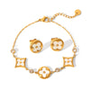 Stainless Steel Inlaid White Shellfish Four Leaf Clover Earrings And Bracelet Set Geometric Design Electroplating