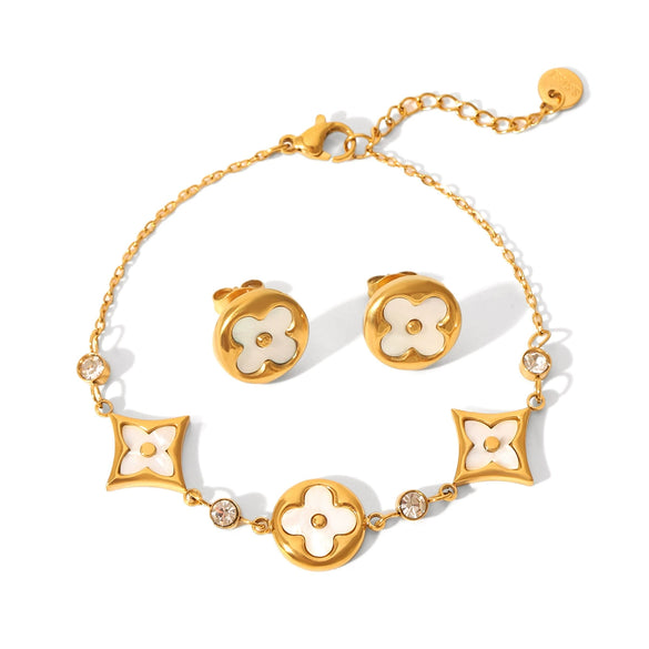 Stainless Steel Inlaid White Shellfish Four Leaf Clover Earrings And Bracelet Set Geometric Design Electroplating
