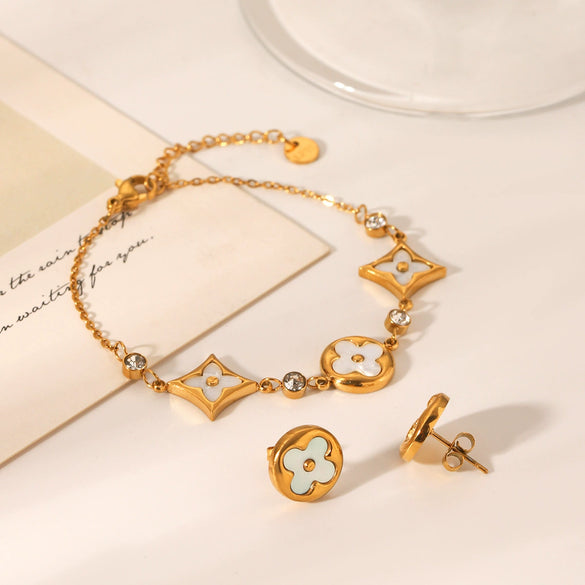 Stainless Steel Inlaid White Shellfish Four Leaf Clover Earrings And Bracelet Set Geometric Design Electroplating