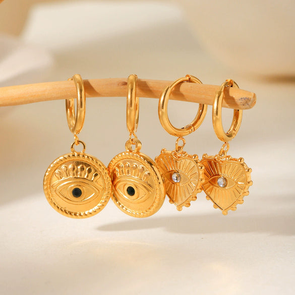 Stainless Steel Inlaid Zircon Heart And Geometric Pendant Earrings With Electroplating For Women