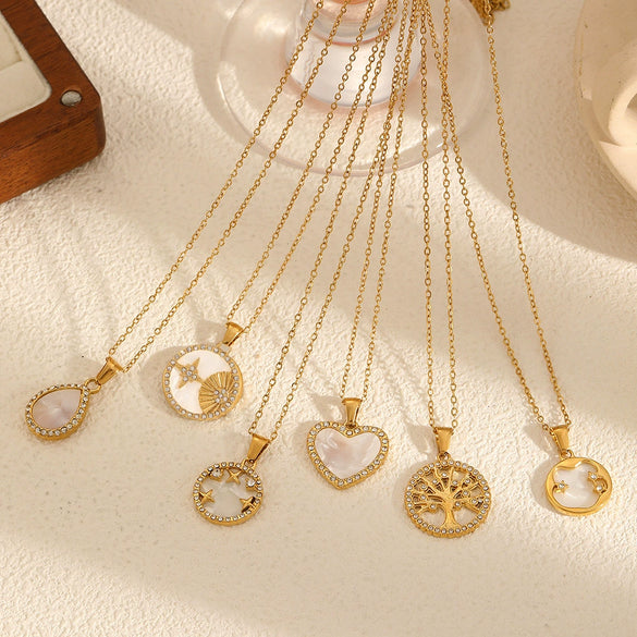 Stainless Steel Inlaid Zircon Necklace Light Luxury Niche Shell Pendant With Star Heart Drop Shape For Women Electroplating O Word Chain
