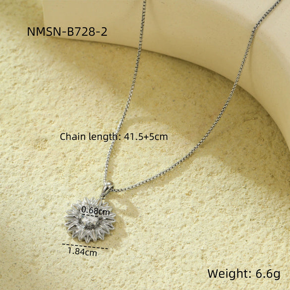 Stainless Steel Inlaid Zircon Sunflower Pendant Snake Bone Chain Necklace Jewelry Electroplated For Women