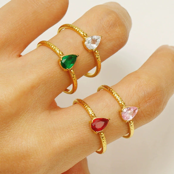 316L Stainless Steel Inlaid Zircon Water Drop Geometric Ring For Women Electroplated